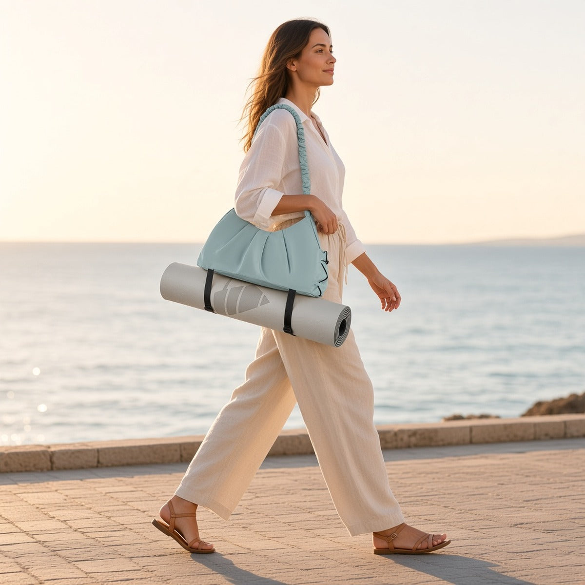 Mala Nomad Yoga – Mobilidade com Intenção – lifestyle num passeio junto ao mar