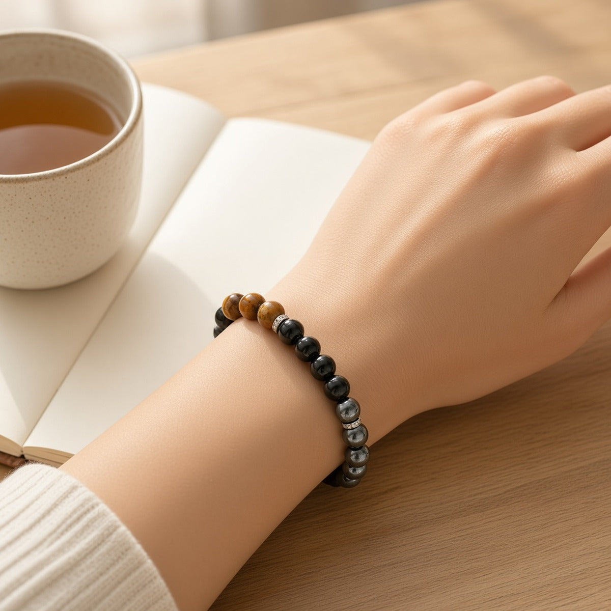 Pulseira Tríade de Proteção – Olho de Tigre, Obsidiana e Hematita – lifestyle no pulso, numa mesa de madeira