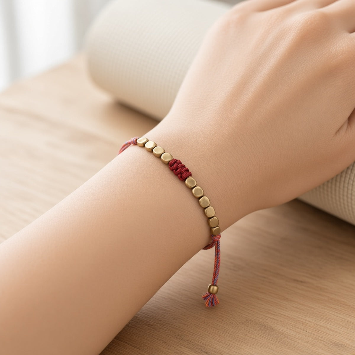 Pulseira Mantra – Intenção Tecida à Mão – lifestyle no pulso, junto ao tapete de yoga