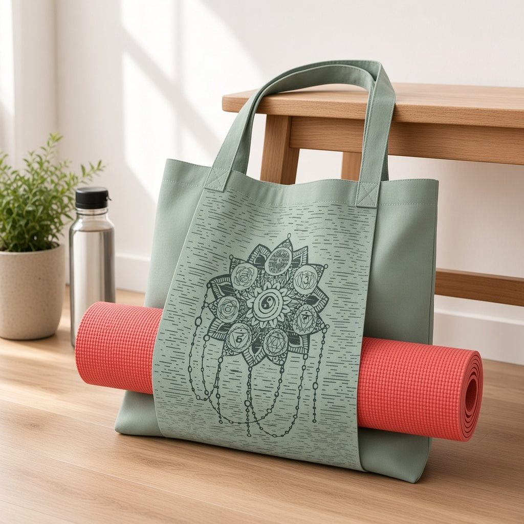 Bolsa para Tapete de Yoga em Algodão Canvas – lifestyle no estúdio com tapete