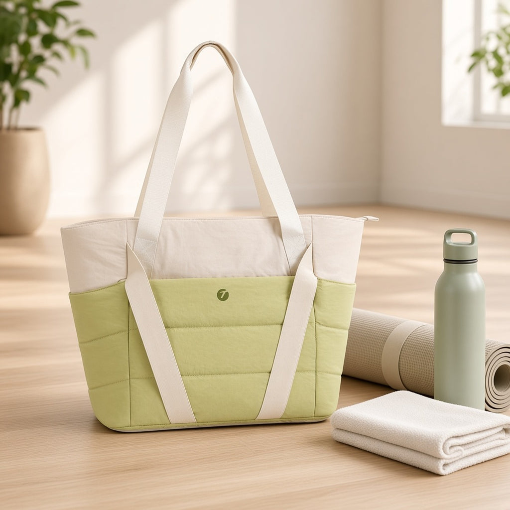 Bolsa de Yoga Leve para Mulheres – lifestyle no estúdio com tapete e garrafa
