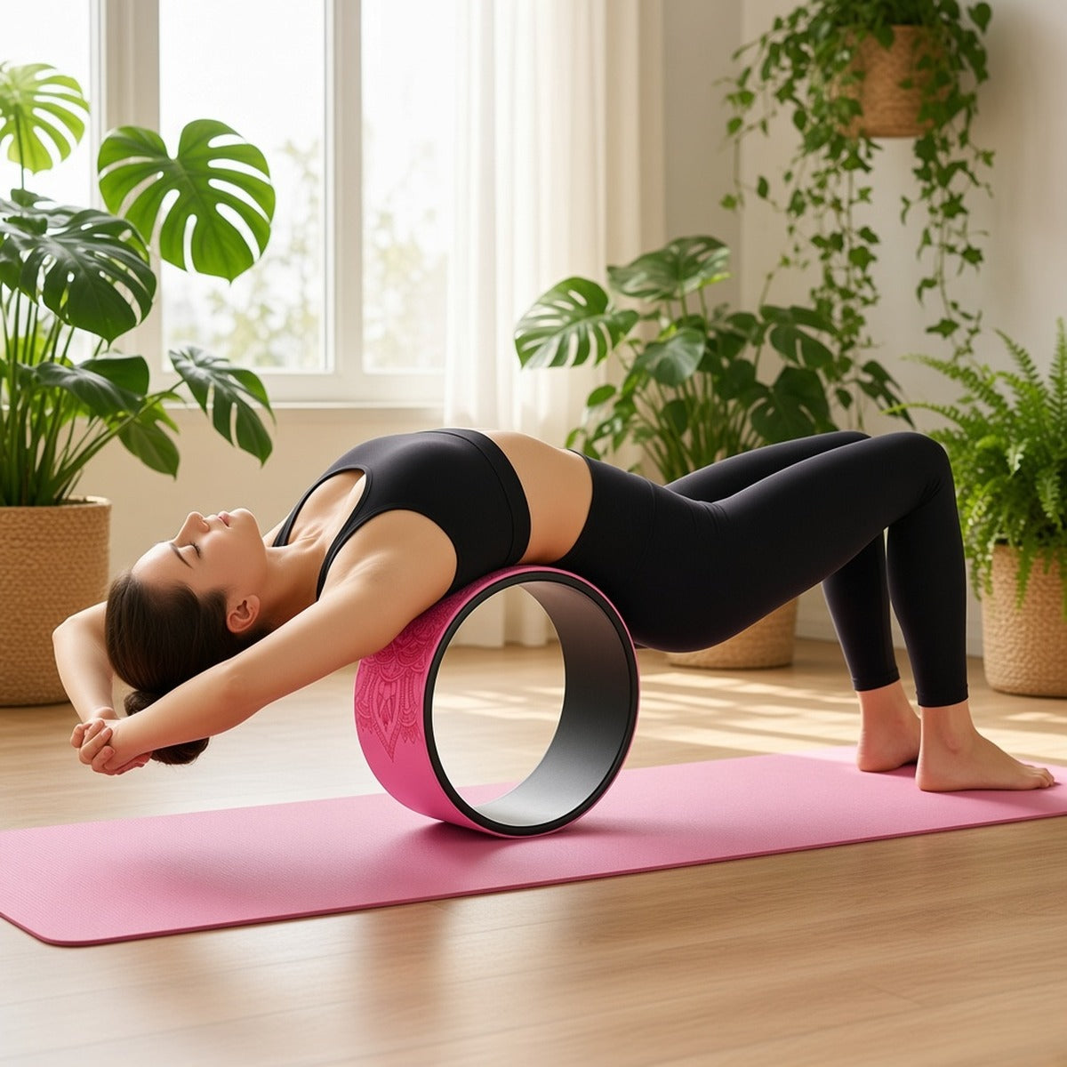 Kit Yoga Shakti – Roda e 7 Peças para Alinhamento, Força e Flexibilidade – lifestyle abertura do peito com a roda
