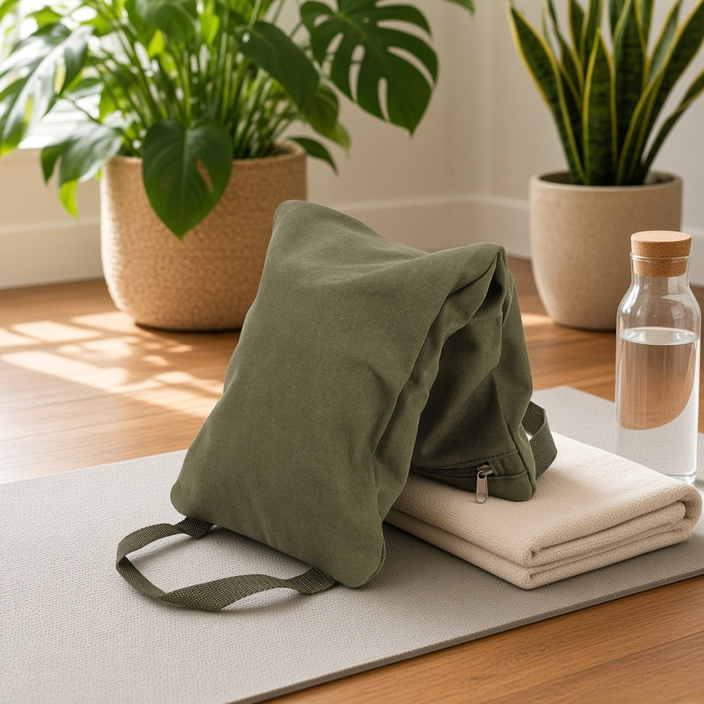 Saco de Areia Recarregável para Treino – Ideal para Yoga, Pilates e Alongamentos – lifestyle no tapete com toalha e garrafa