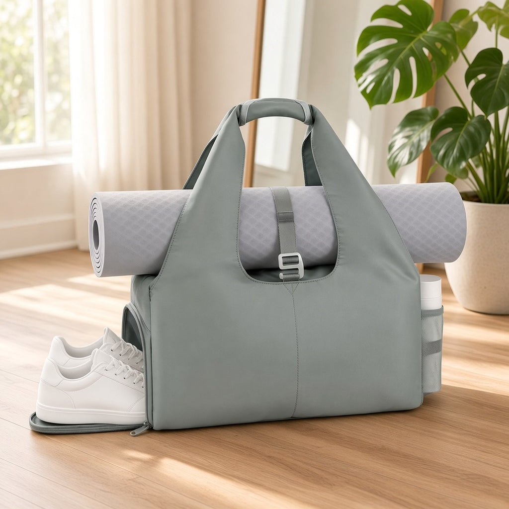 Bolsa Versátil de Yoga com Suporte Ajustável para Tapete e Múltiplos Bolsos – lifestyle saco com tapete e garrafa no estúdio