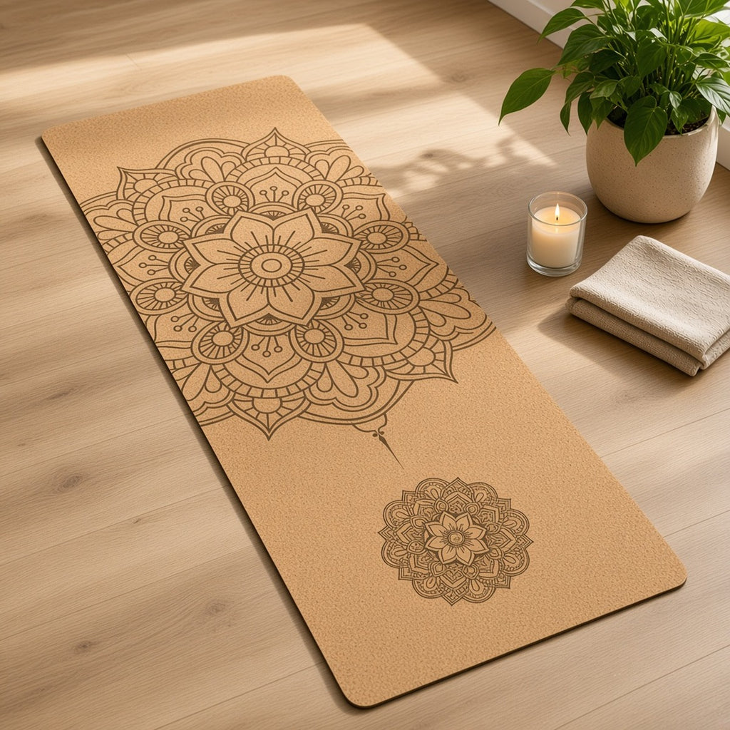 Tapete Essência Solar – Cortiça Natural 4mm com Mandala Exclusiva e Saco para transporte – lifestyle tapete desenrolado no estúdio
