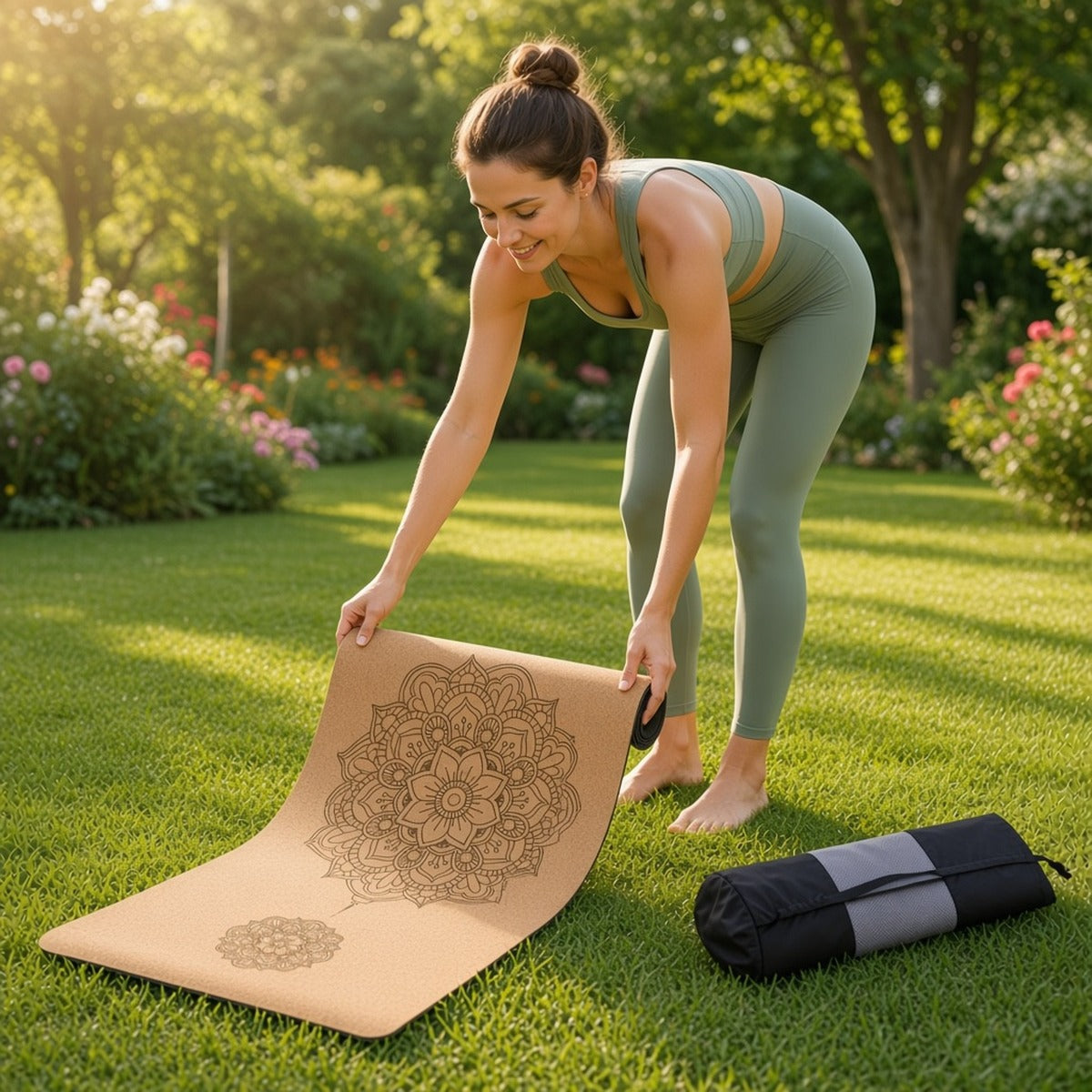 Tapete Essência Solar – Cortiça Natural 4mm com Mandala Exclusiva e Saco para transporte – lifestyle a desenrolar o tapete no jardim