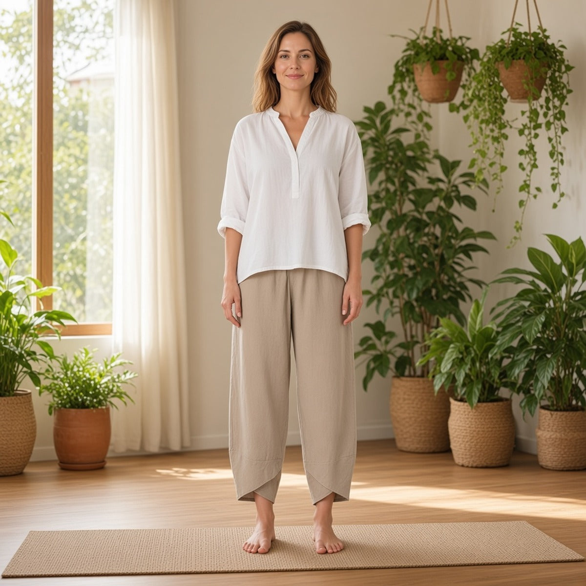 Calças OmFlow – A Energia do Yoga com Estilo e Conforto – lifestyle pose da montanha em estúdio
