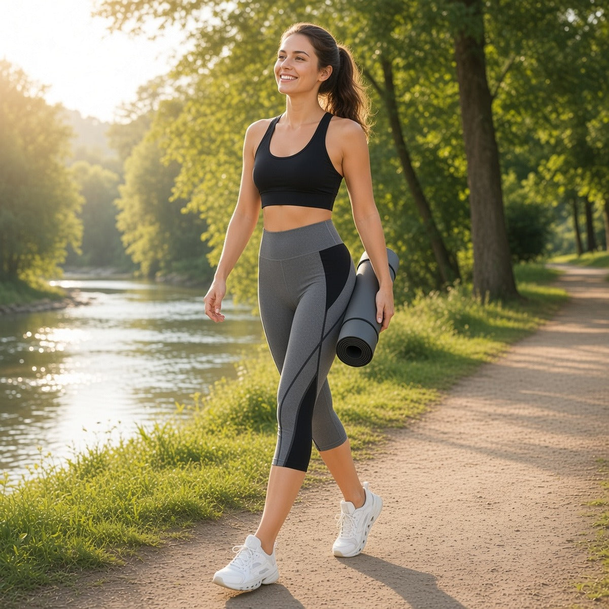 Legging ZenShape – Contorno Natural, Equilíbrio Total – lifestyle passeio junto ao rio com tapete