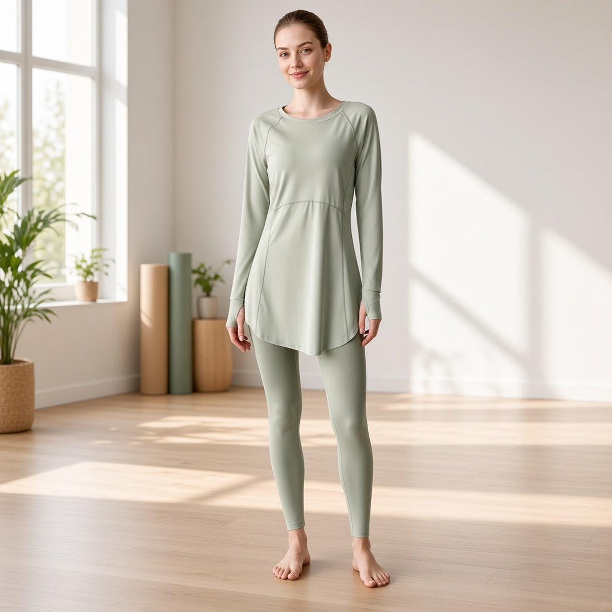 FlowLong – Sweatshirt Slim para Yoga, Corrida e Bem-Estar Ativo – lifestyle em estúdio de yoga luminoso