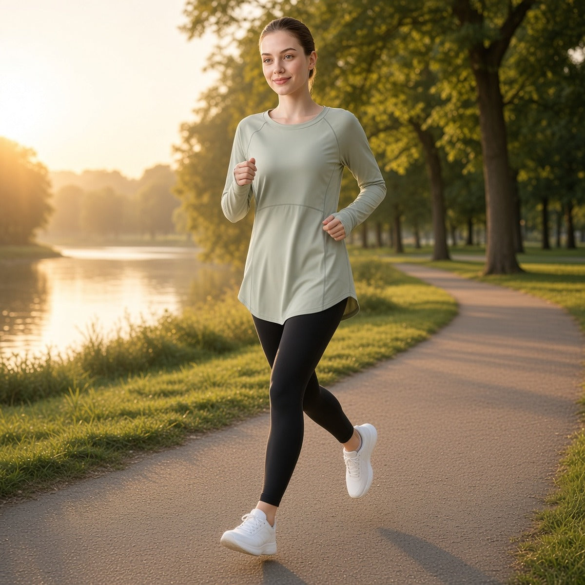 FlowLong – Sweatshirt Slim para Yoga, Corrida e Bem-Estar Ativo – lifestyle corrida junto ao rio ao amanhecer