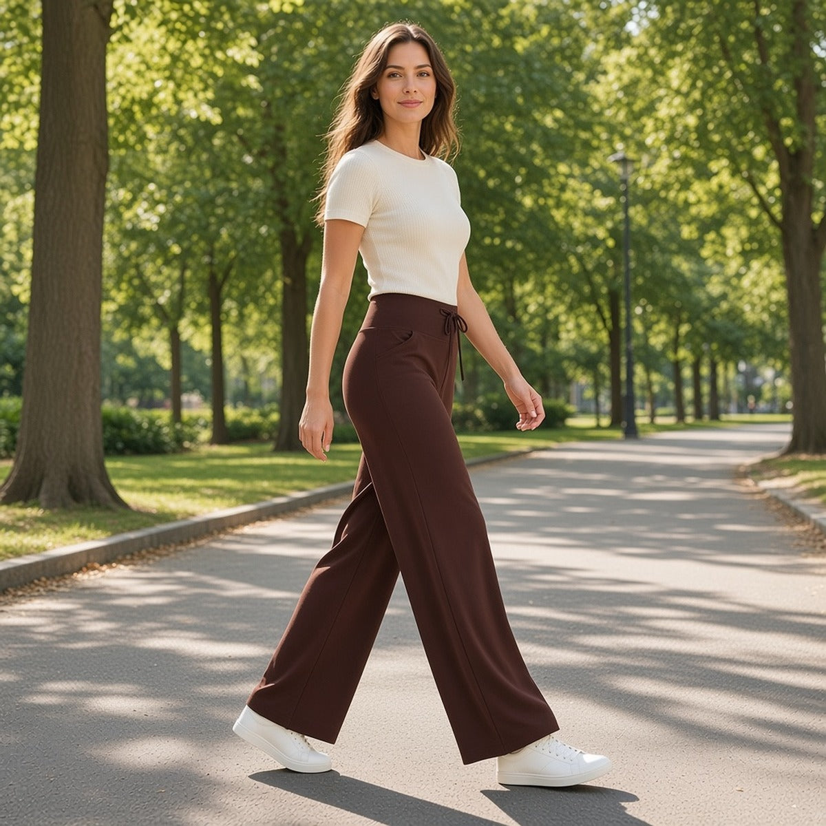 BalanceFit – Calças de Yoga Amplas com Bolsos para Corpo em Movimento – lifestyle passeio numa rua arborizada