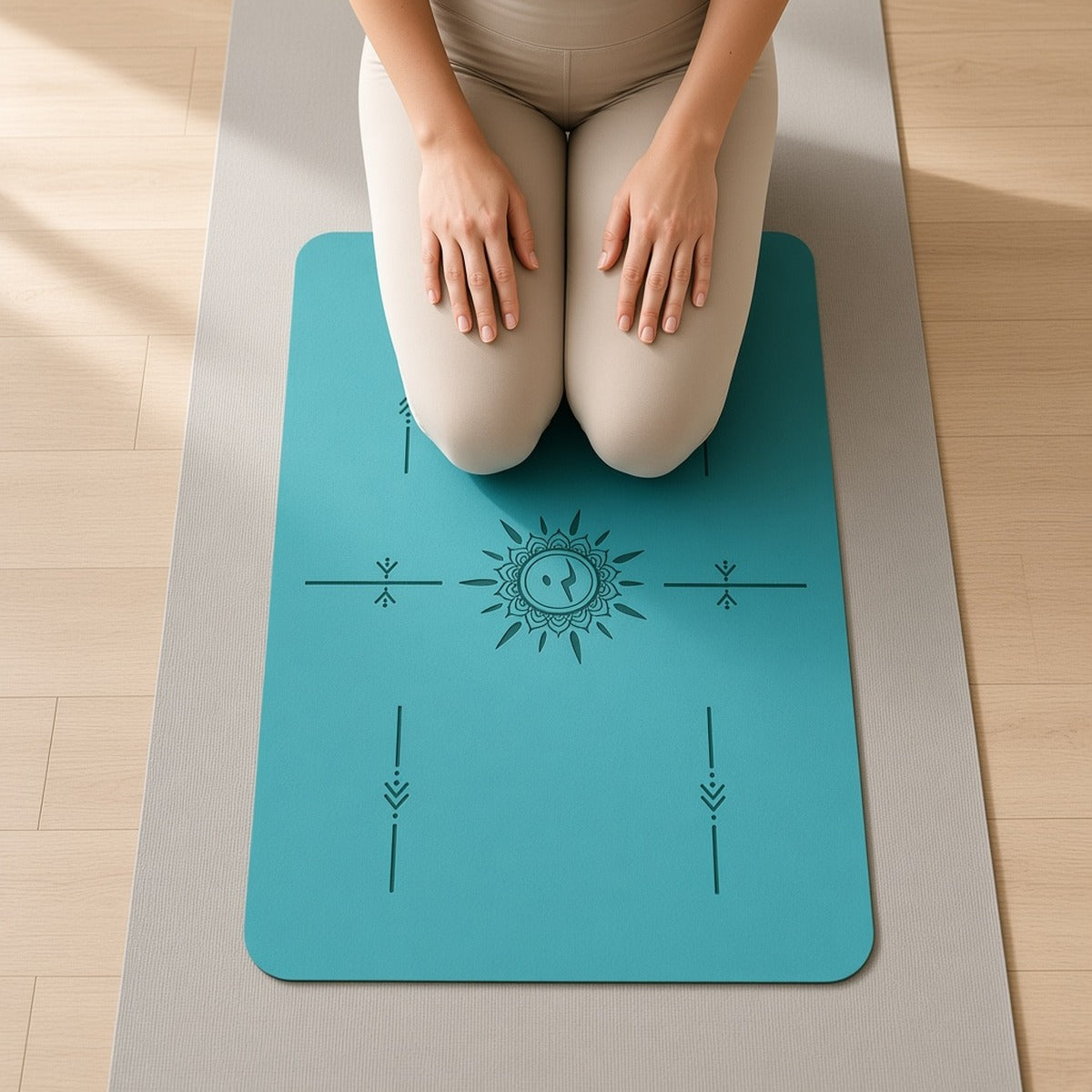 CalmaBase – Apoio Compacto e Seguro para Yoga, Pilates e Meditação – lifestyle ajoelhada sobre a almofada em estúdio