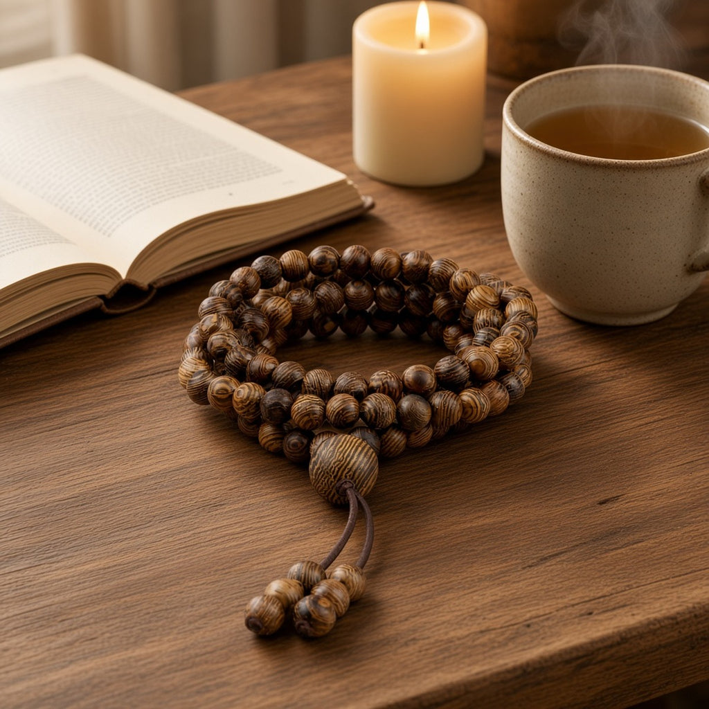 108 Contas da Intenção – Pulseira e Colar para Meditação e Yoga – lifestyle mala sobre a mesa com vela e chá