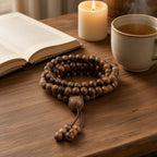 108 Contas da Intenção – Pulseira e Colar para Meditação e Yoga – lifestyle mala sobre a mesa com vela e chá
