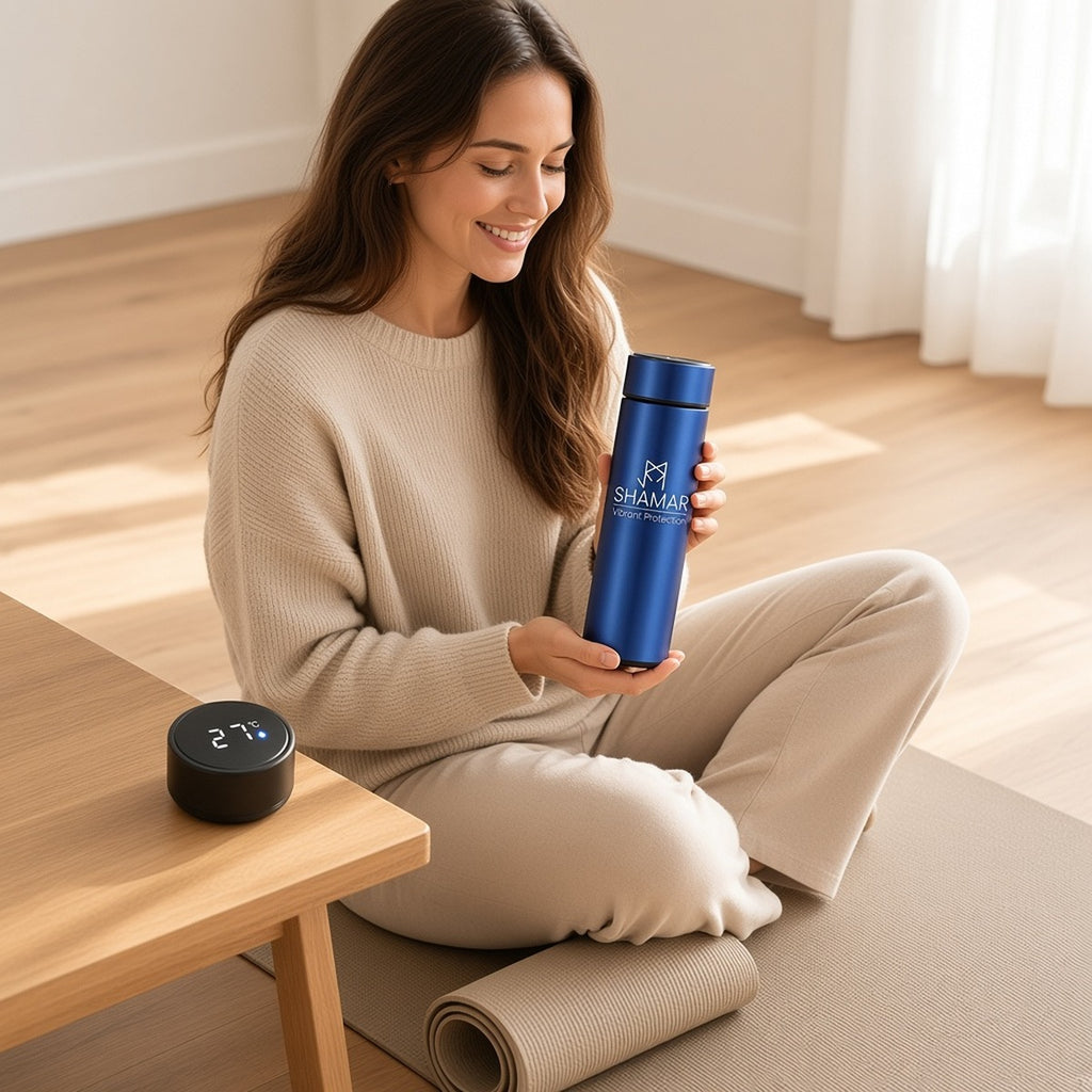 Shamar Therm – Elegância e Tecnologia na Tua Hidratação Diária – lifestyle sentada no tapete com a garrafa