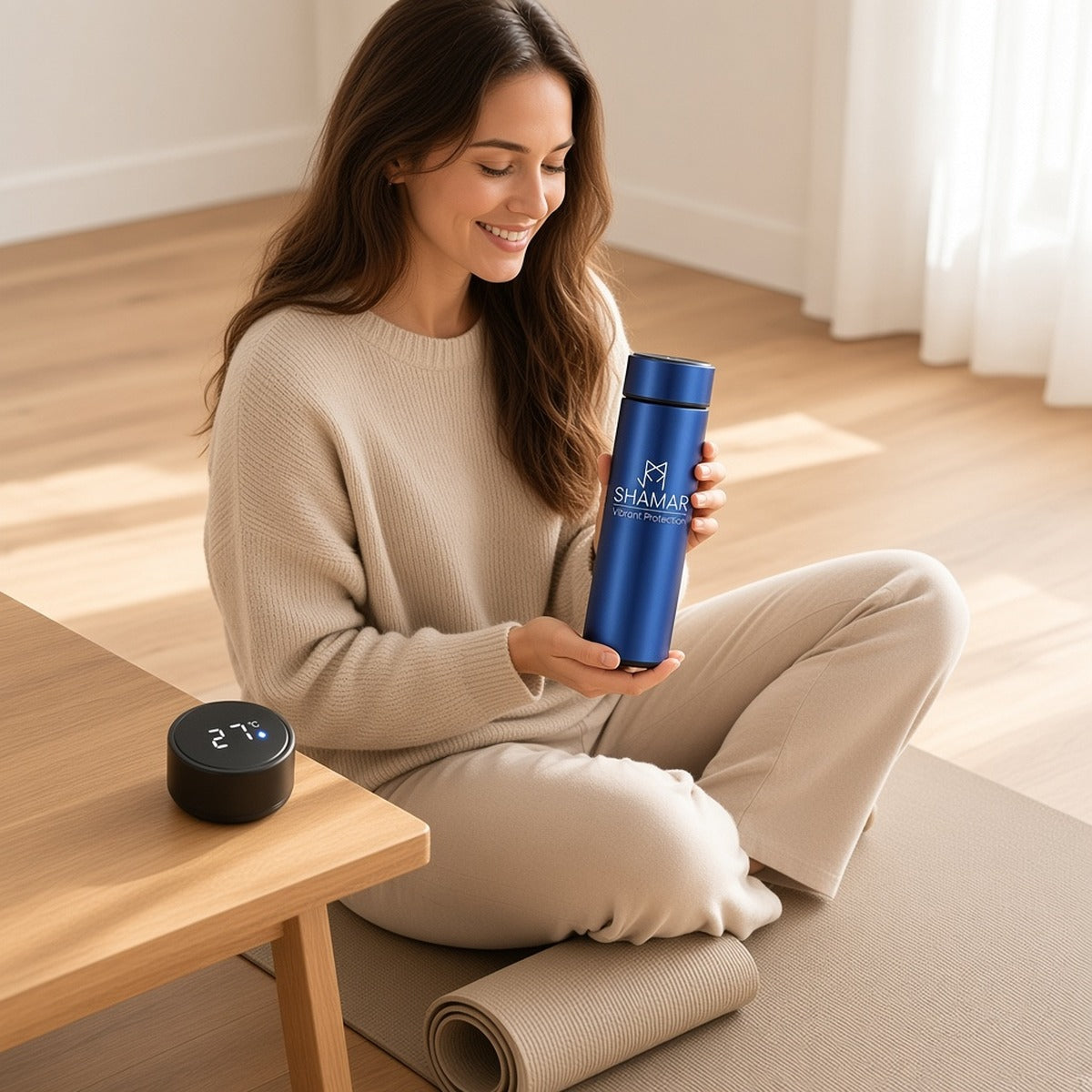Shamar Therm – Elegância e Tecnologia na Tua Hidratação Diária – lifestyle sentada no tapete com a garrafa