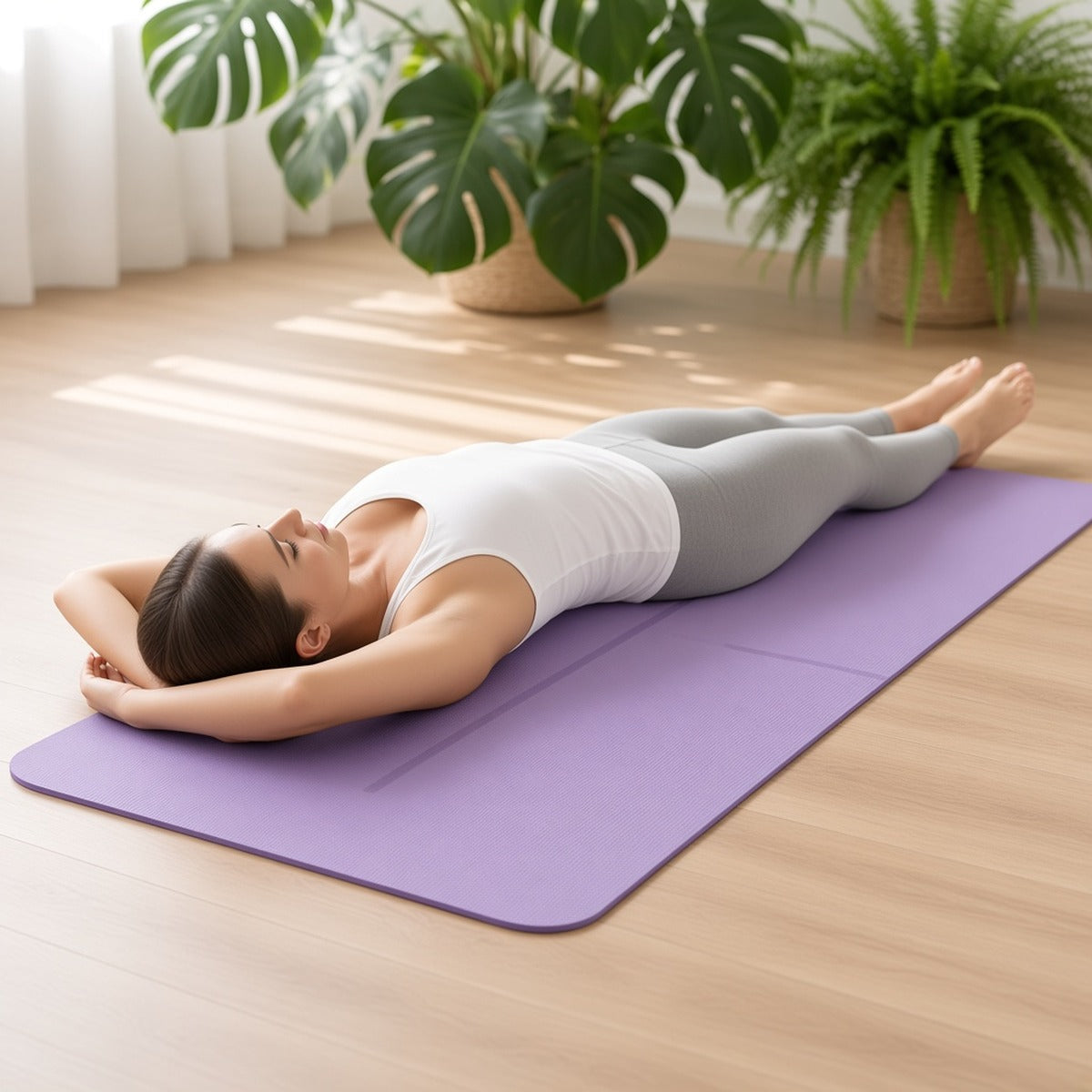 Sukha Ground – Tapete de Yoga Confortável para Práticas Suaves – lifestyle deitada a relaxar no tapete