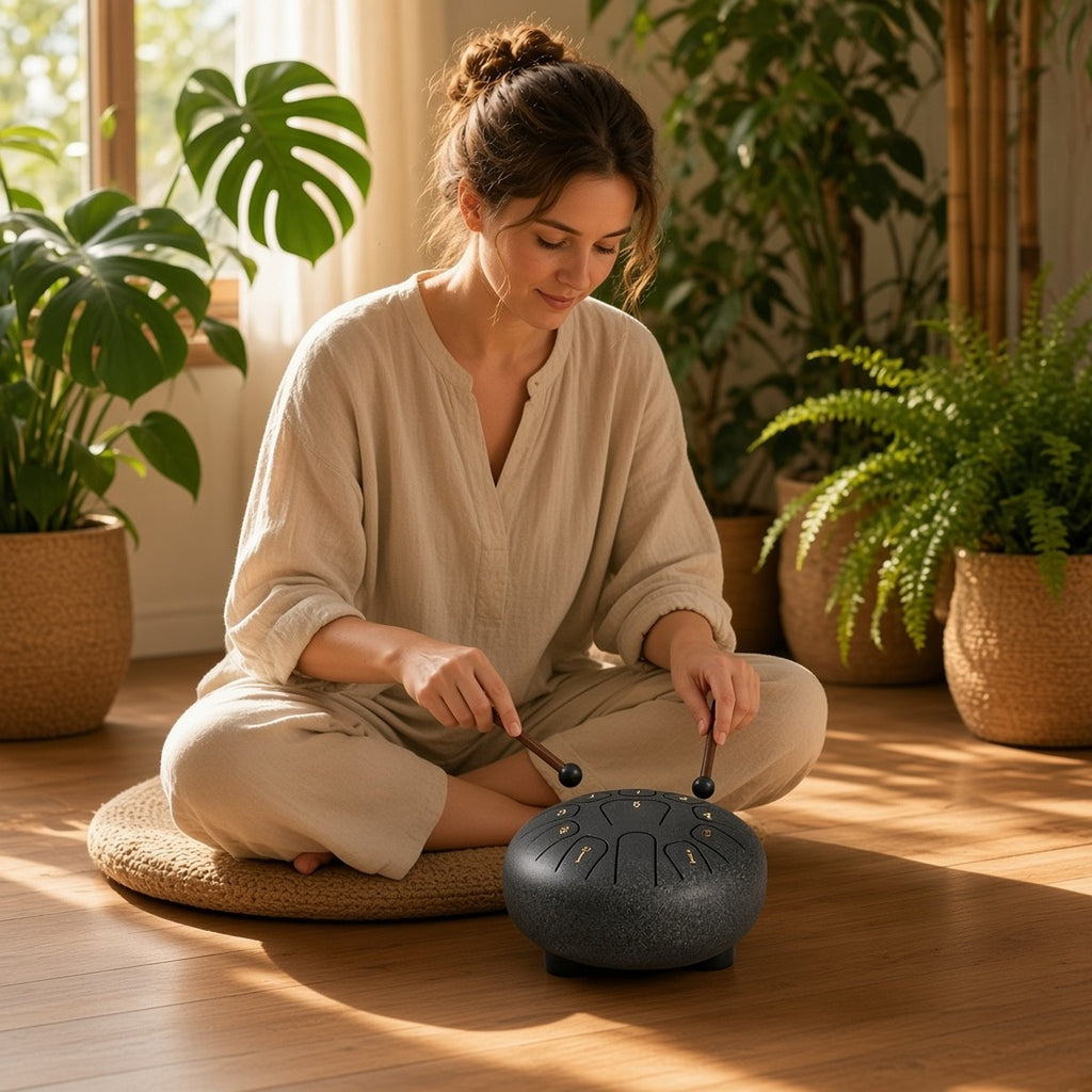 Divine Frequencies — Tambor de Língua de Aço para Sintonização Espiritual – lifestyle a tocar o tambor numa sala zen