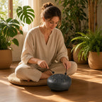 Divine Frequencies — Tambor de Língua de Aço para Sintonização Espiritual – lifestyle a tocar o tambor numa sala zen