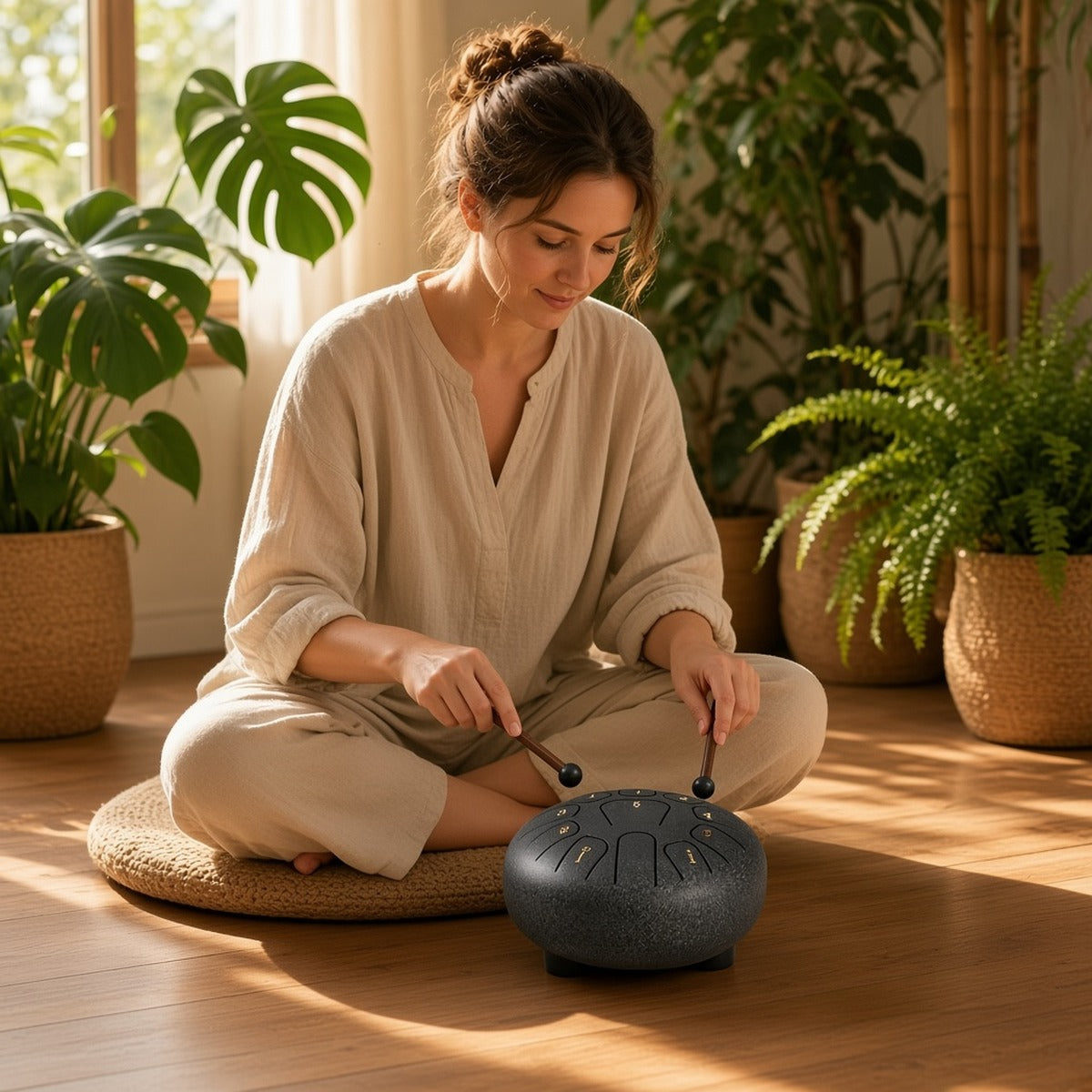 Divine Frequencies — Tambor de Língua de Aço para Sintonização Espiritual – lifestyle a tocar o tambor numa sala zen