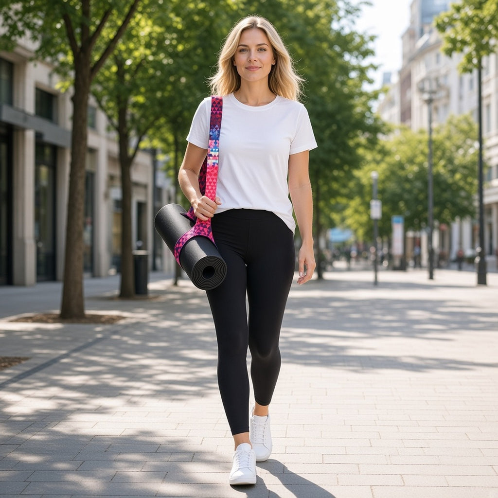 OM Carrier — Cinto de Yoga Ajustável para Caminhos com Consciência – lifestyle a caminhar com o tapete ao ombro