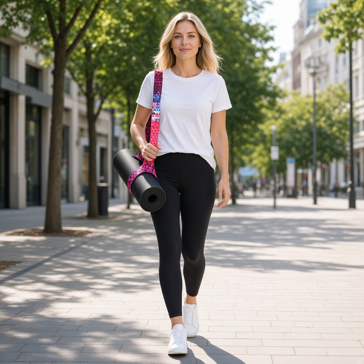 OM Carrier — Cinto de Yoga Ajustável para Caminhos com Consciência – lifestyle a caminhar com o tapete ao ombro