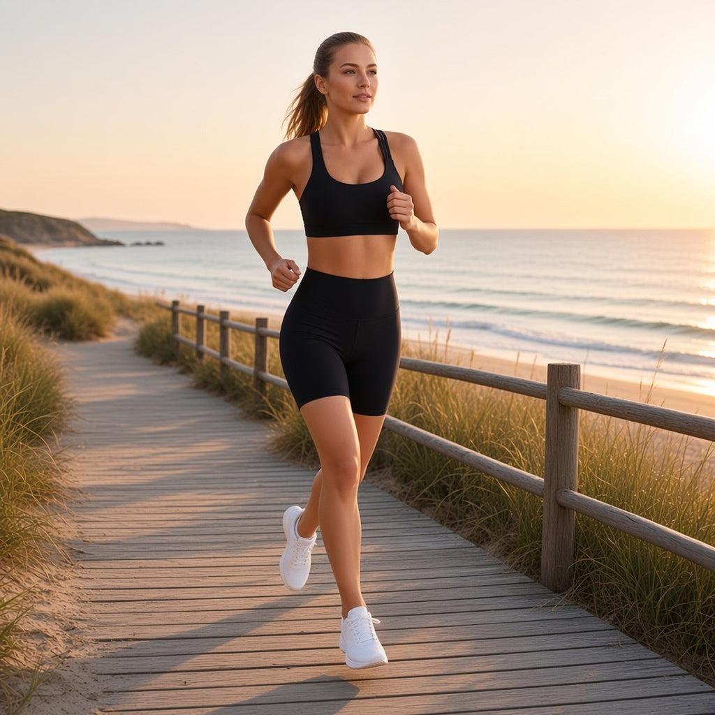 Imani Flex Set — Fé no Corpo, Presença na Alma – lifestyle a correr à beira-mar