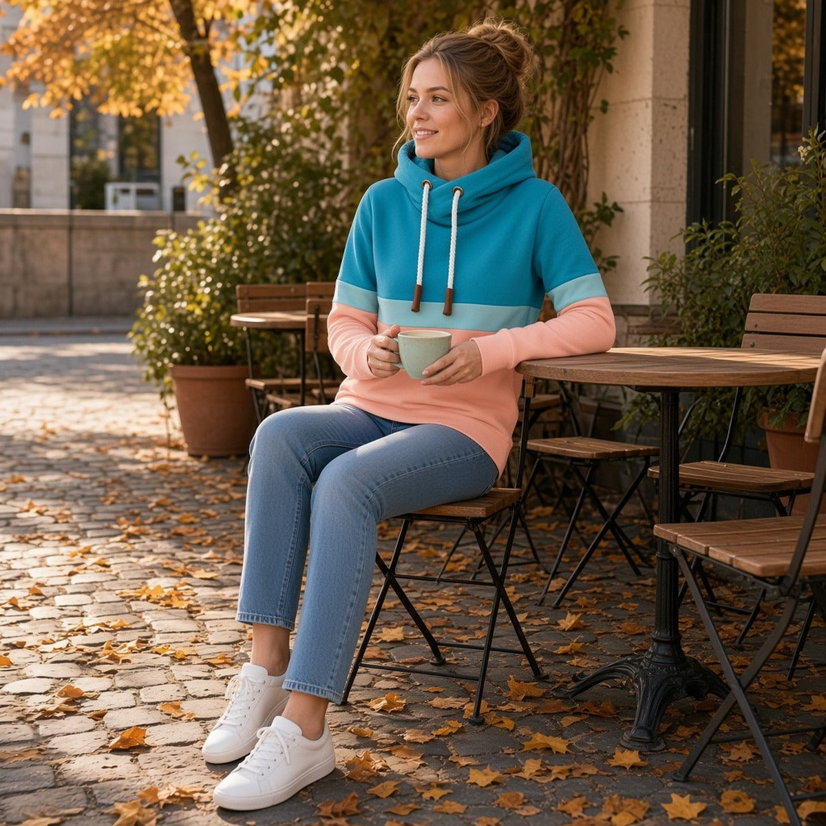 Avelya Hoodie — Personalidade e Conforto – lifestyle em esplanada de outono