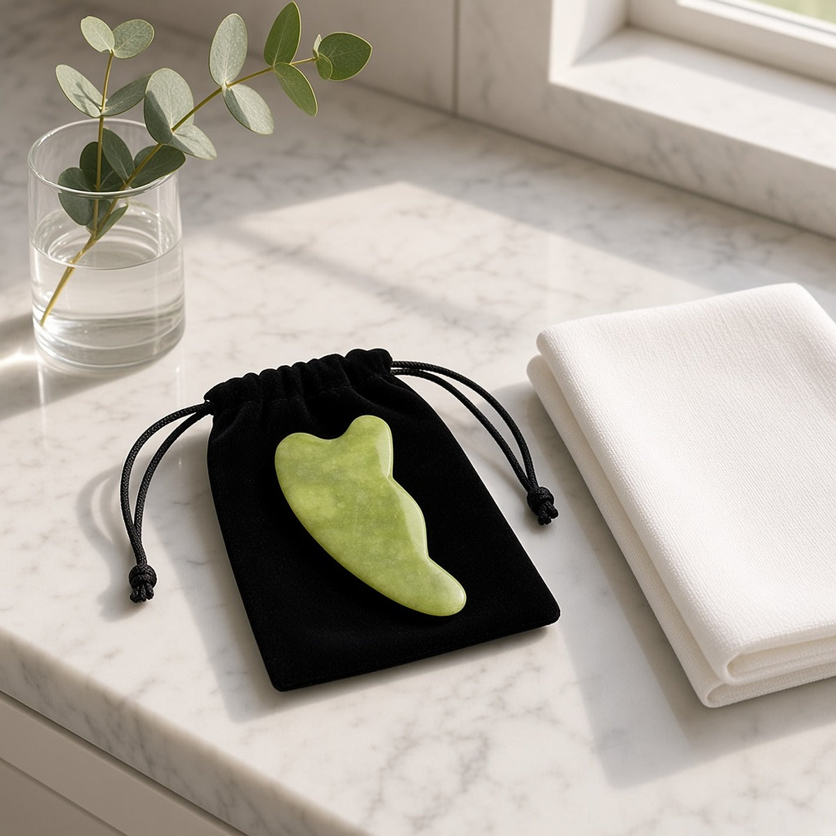 Yggdrasil Jade — Equilíbrio e Renovação – lifestyle pousado na bancada da casa de banho com a bolsa de veludo