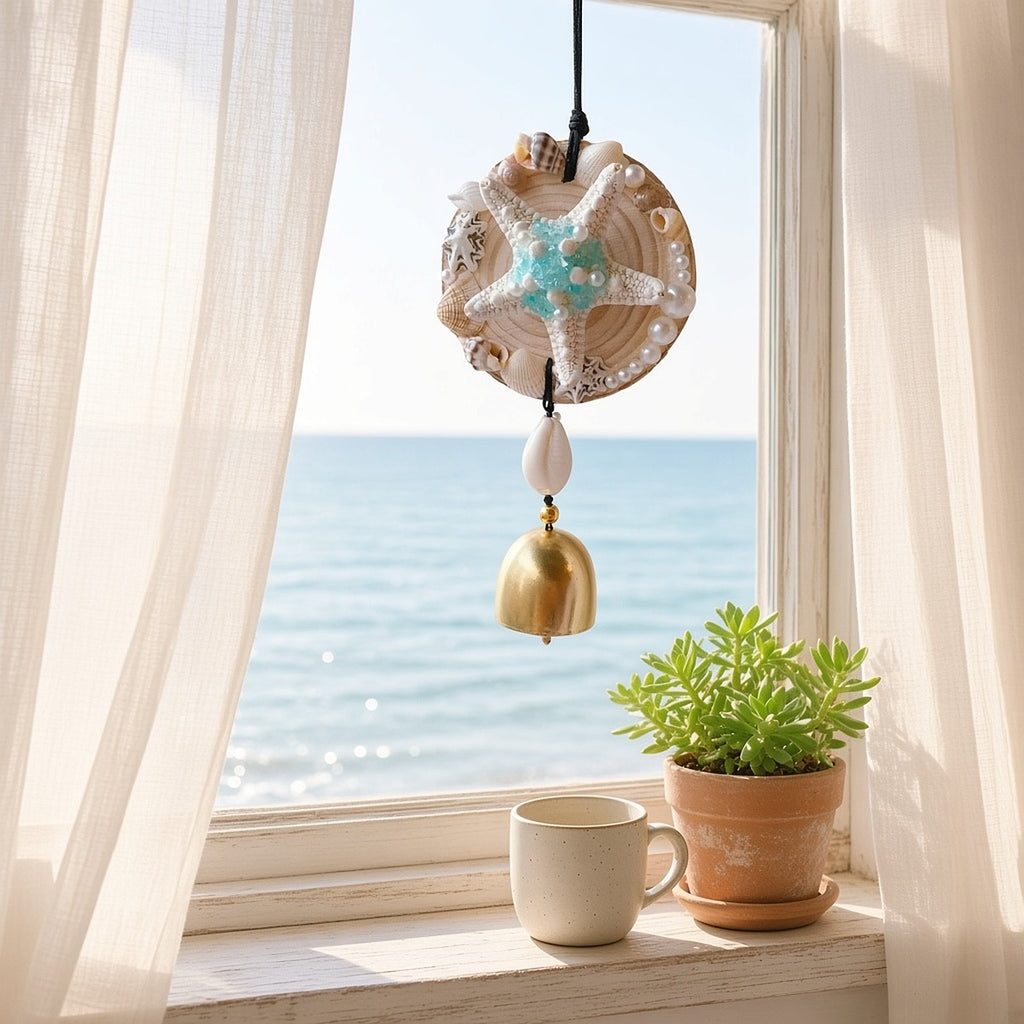 Concha Harmonia — Decoração Artesanal com Alma – lifestyle pendurada numa janela de casa de praia