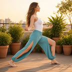 BohoEase Pants — Liberdade e Equilíbrio na Prática de Yoga – lifestyle em afundo num terraço ao pôr do sol