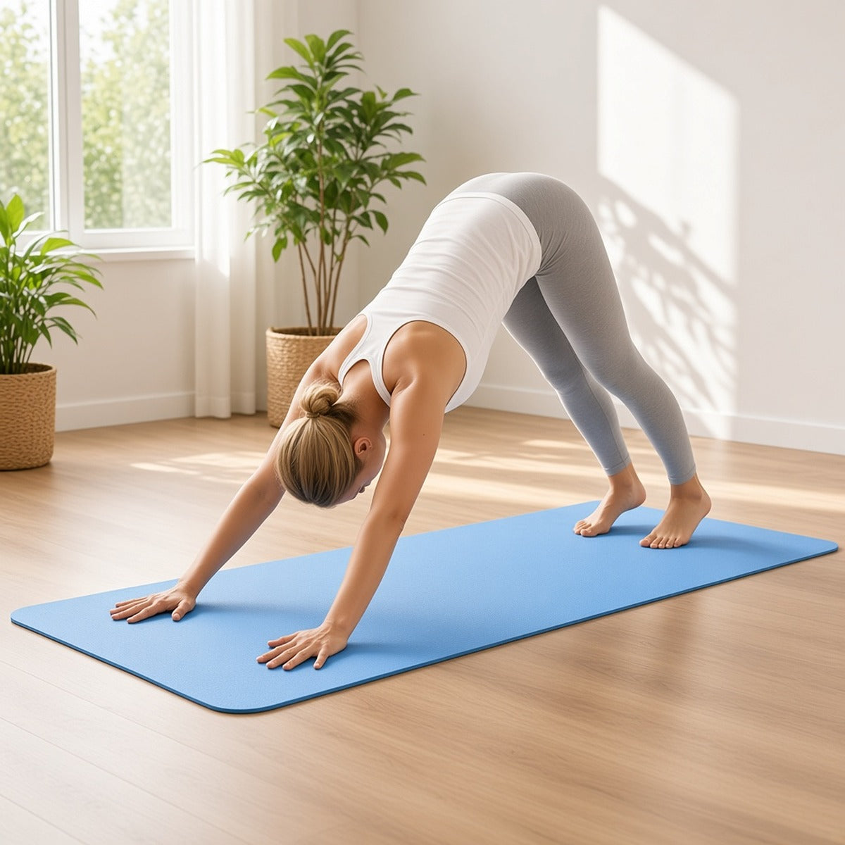 Essenza TPE Mat – Tapete de Yoga Antiderrapante e Natural – lifestyle na sala, Azul