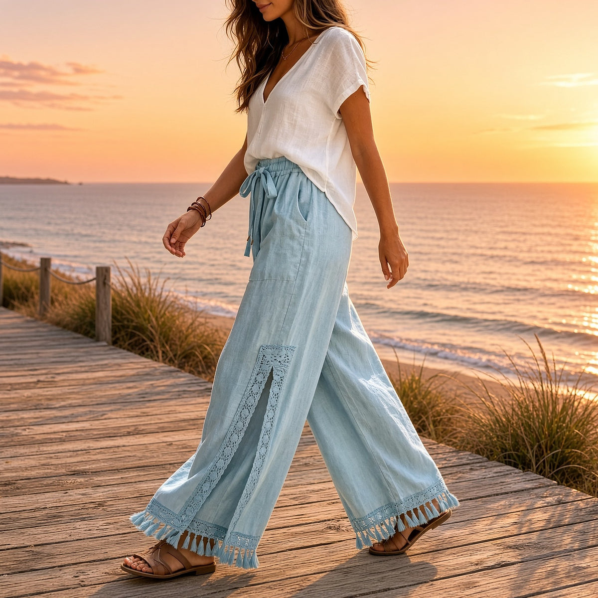 Nahar Bloom – Calças Fluidas de Perna Larga com Racha e Franjas, cor Azul-Claro, mulher a caminhar num passadiço de madeira junto ao mar ao pôr do sol