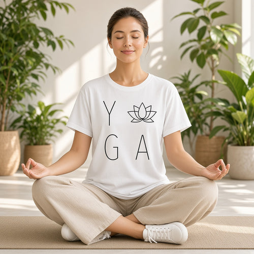 Nirmala – T-shirt de Yoga Minimalista com Flor de Lótus – A meditar em estúdio de yoga
