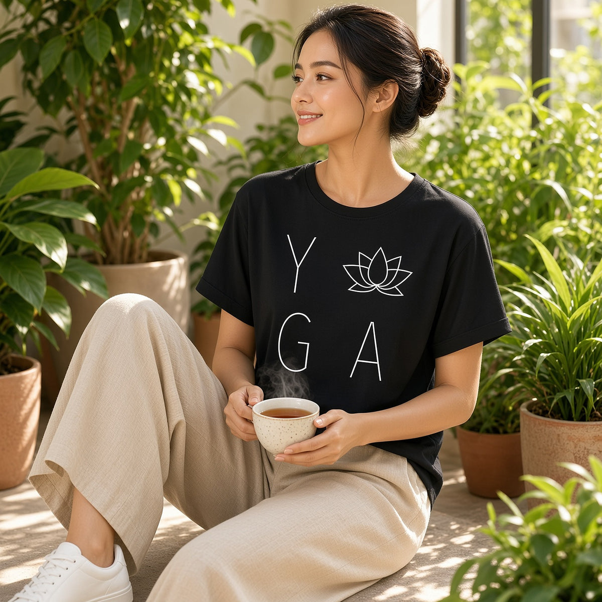Nirmala – T-shirt de Yoga Minimalista com Flor de Lótus – Preto, num terraço com chá