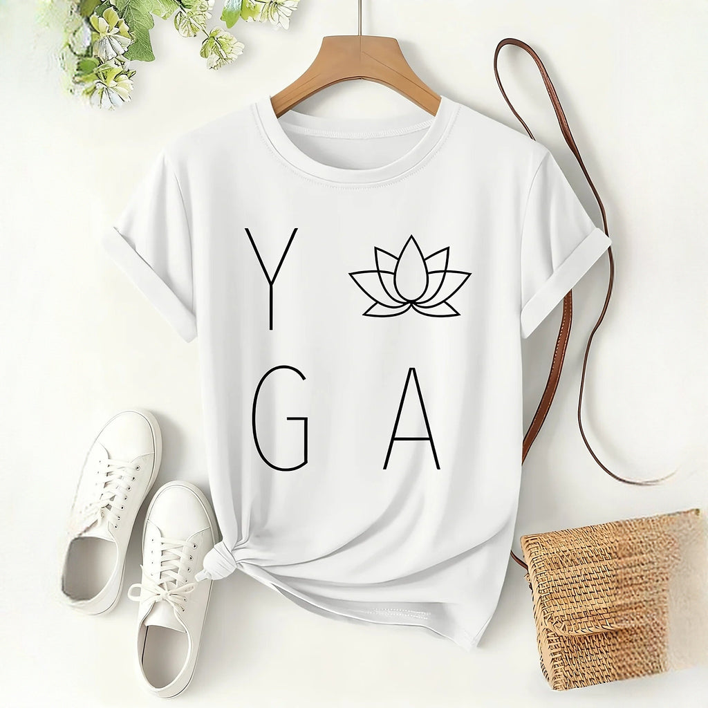 Nirmala – T-shirt de Yoga Minimalista com Flor de Lótus – Branco, estampado em pormenor