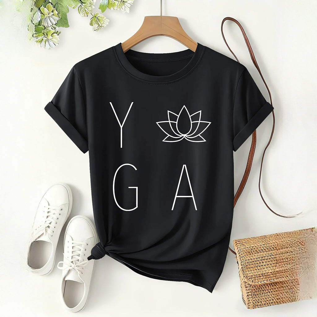Nirmala – T-shirt de Yoga Minimalista com Flor de Lótus – Preto, estampado em pormenor