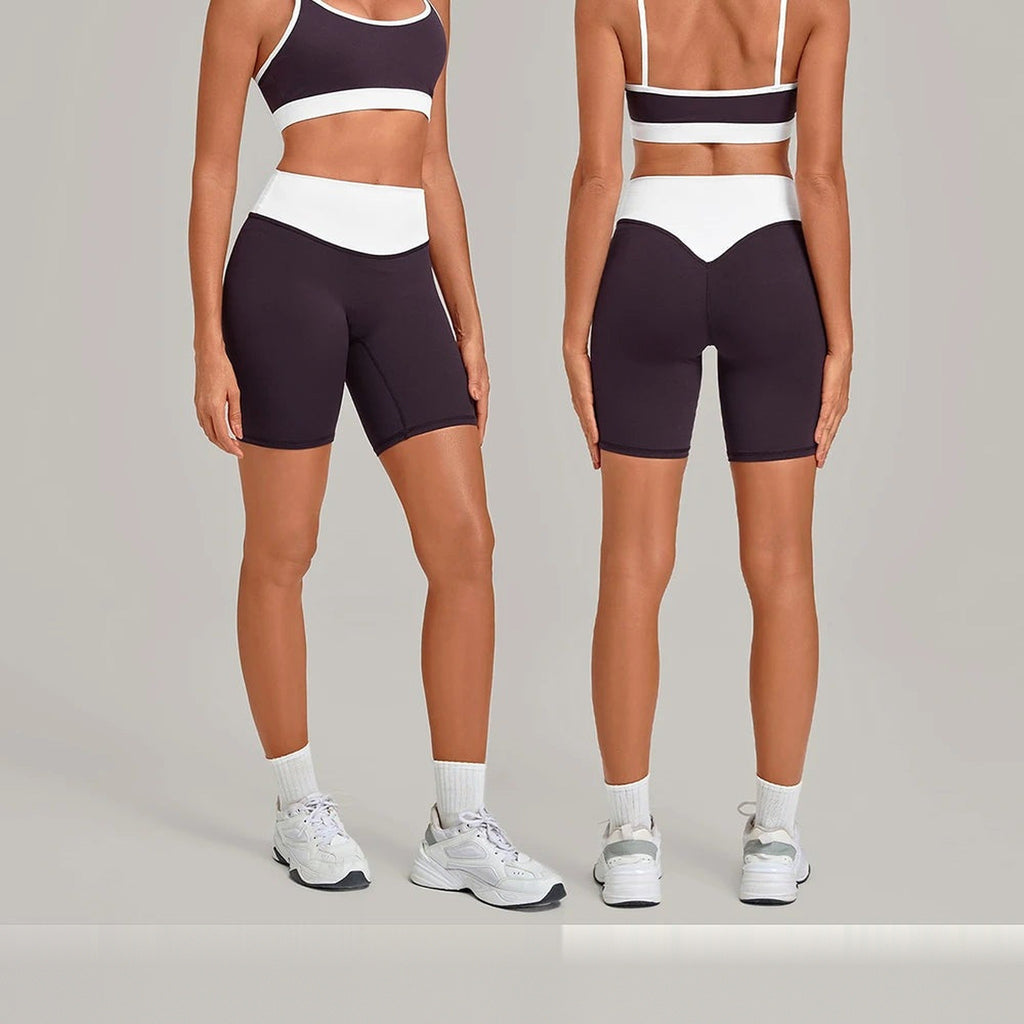 Conjunto de yoga Nuhra Contrast da Shamar roxo amora, vista de frente e de costas