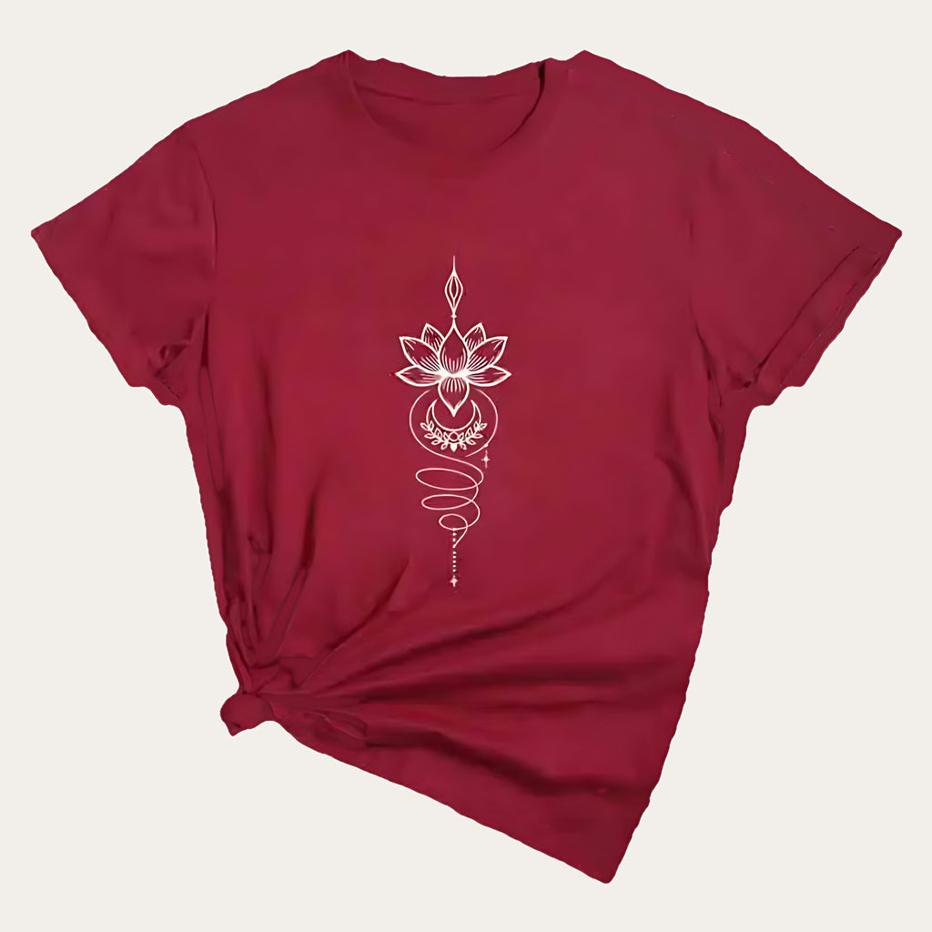 Padma Luna – T-shirt com Estampado de Flor de Lótus Celestial, cor bordô