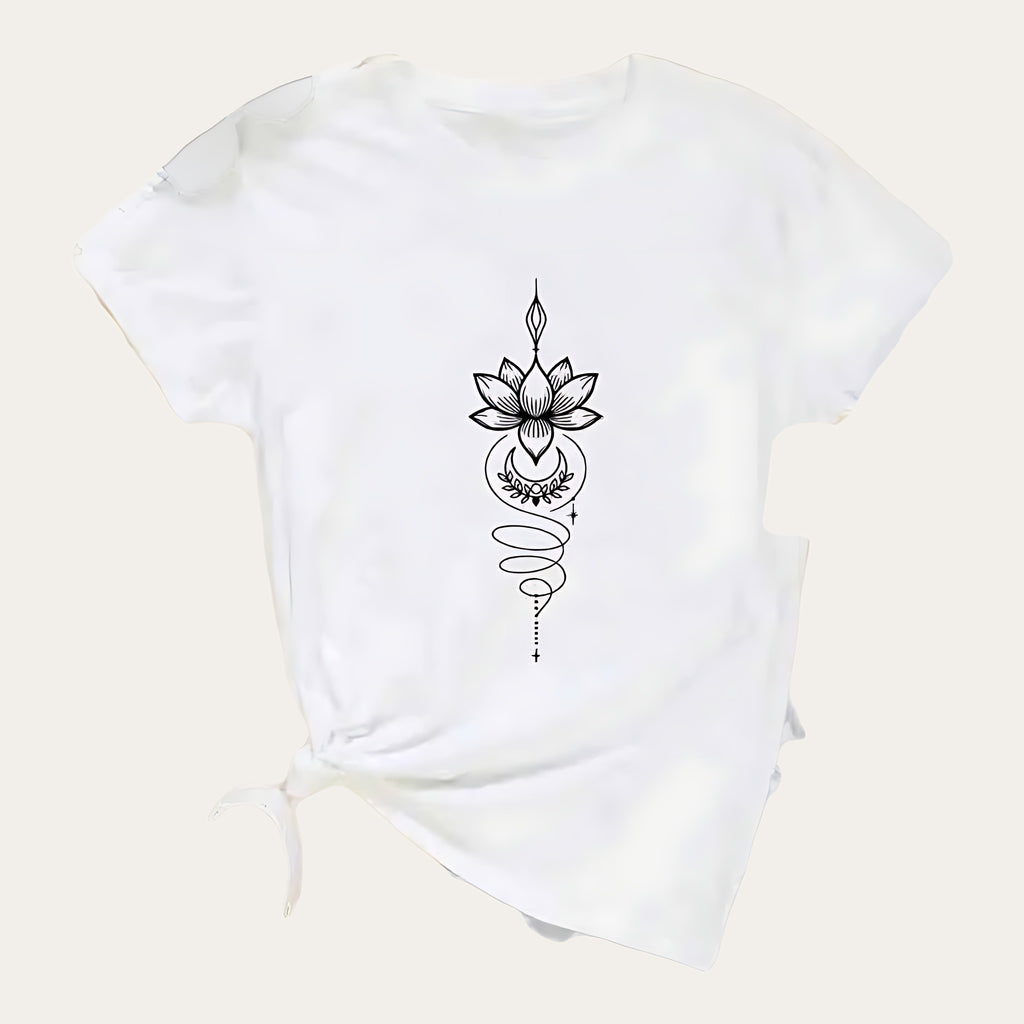 Padma Luna – T-shirt com Estampado de Flor de Lótus Celestial, cor branco