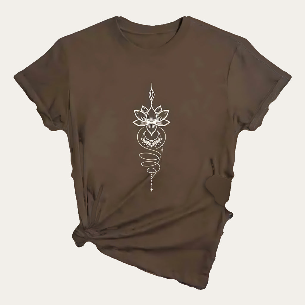 Padma Luna – T-shirt com Estampado de Flor de Lótus Celestial, cor castanho