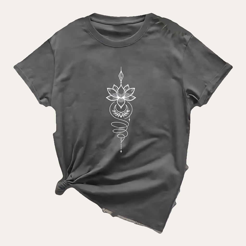 Padma Luna – T-shirt com Estampado de Flor de Lótus Celestial, cor cinzento-escuro