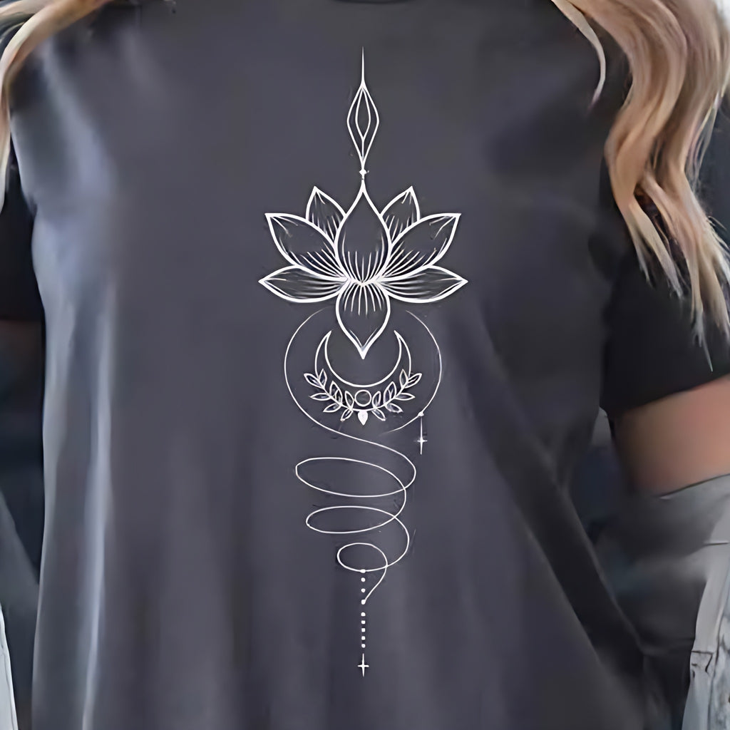 Padma Luna – T-shirt com Estampado de Flor de Lótus Celestial, detalhe do estampado de lótus e lua crescente