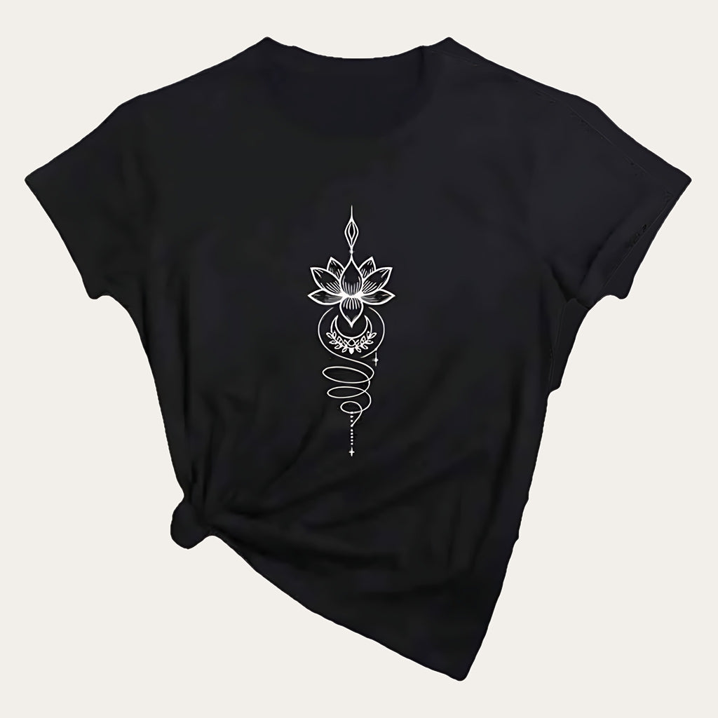 Padma Luna – T-shirt com Estampado de Flor de Lótus Celestial, cor preto