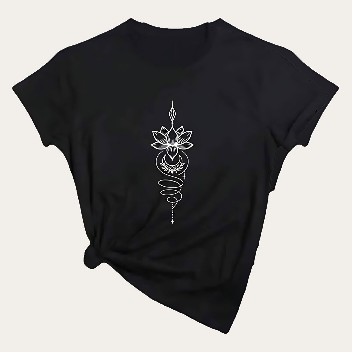 Padma Luna – T-shirt com Estampado de Flor de Lótus Celestial, cor preto