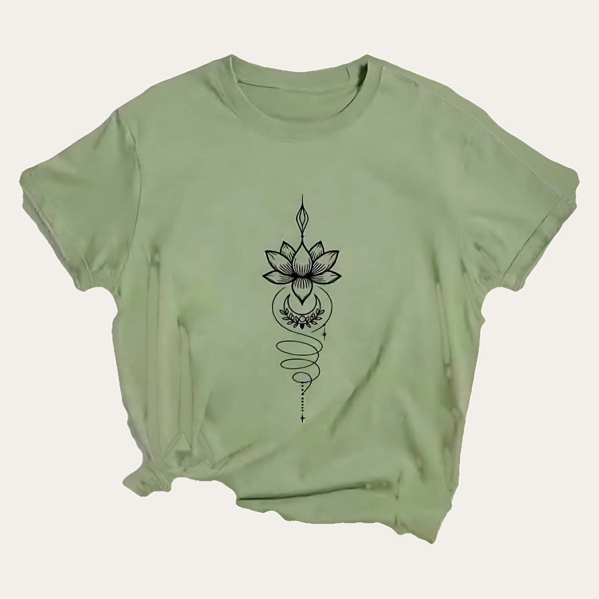 Padma Luna – T-shirt com Estampado de Flor de Lótus Celestial, cor verde-sálvia