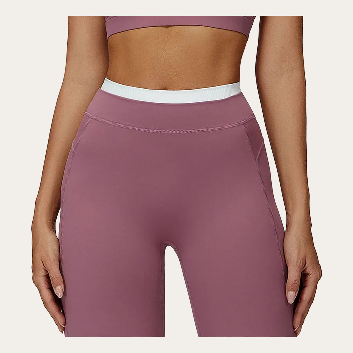 Ruach Flow – Calças de Yoga Boca de Sino de Cintura Subida, detalhe do cós alto com faixa contrastante