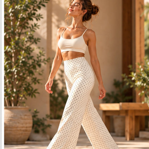 Sattva Dot Flow – calças wide-leg Damasco em movimento lifestyle