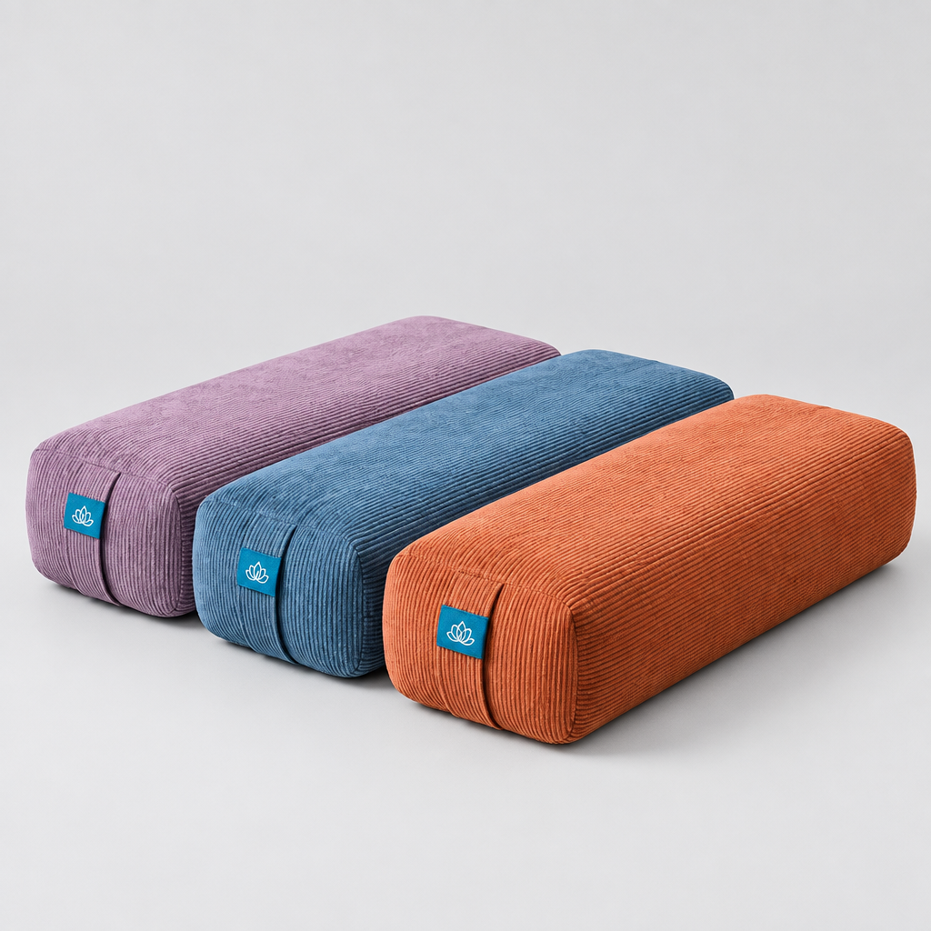 Sattva Support bolster de yoga nas cores Roxo, Azul e Laranja