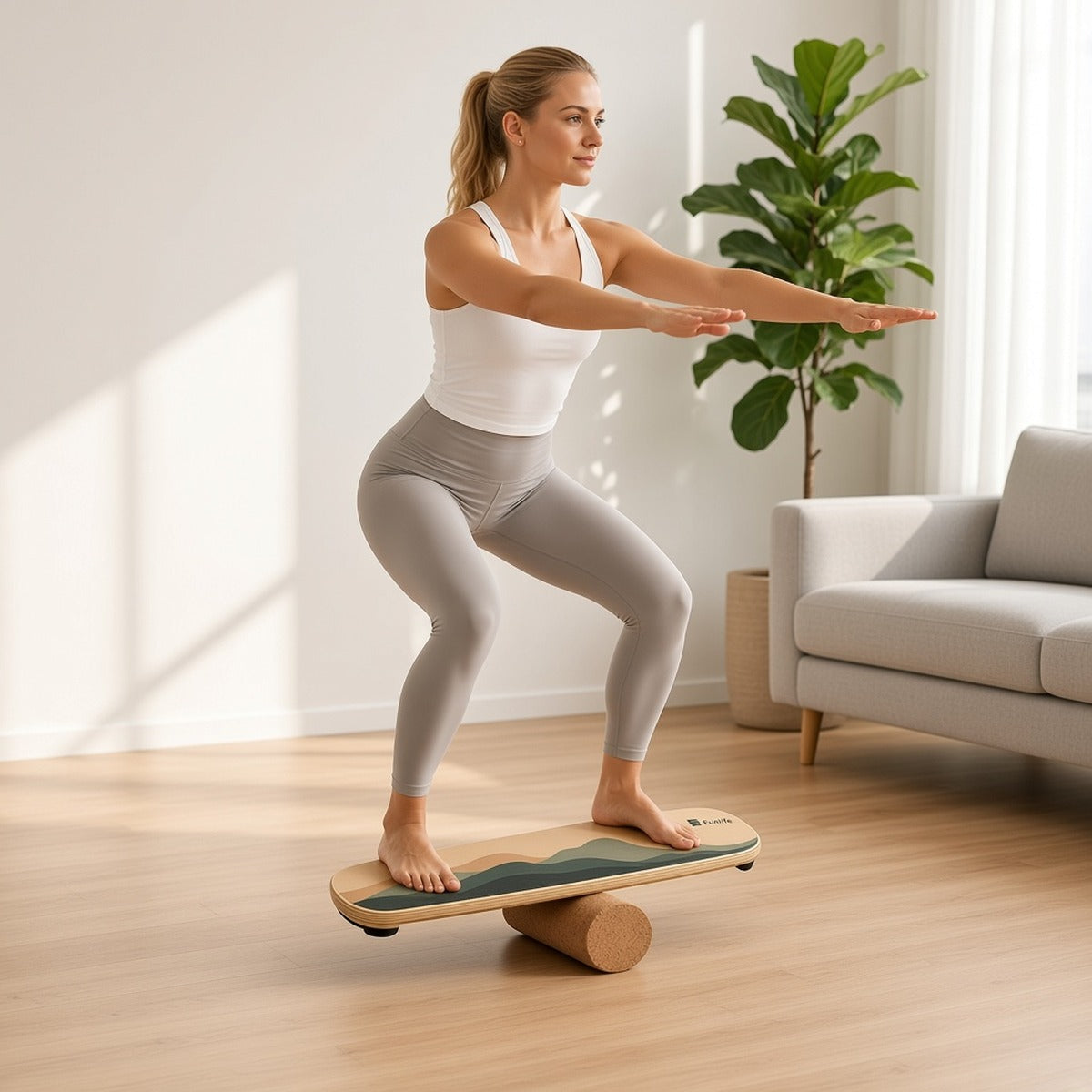 Balance Flow Board – Equilíbrio e Movimento – lifestyle equilíbrio na prancha numa sala luminosa